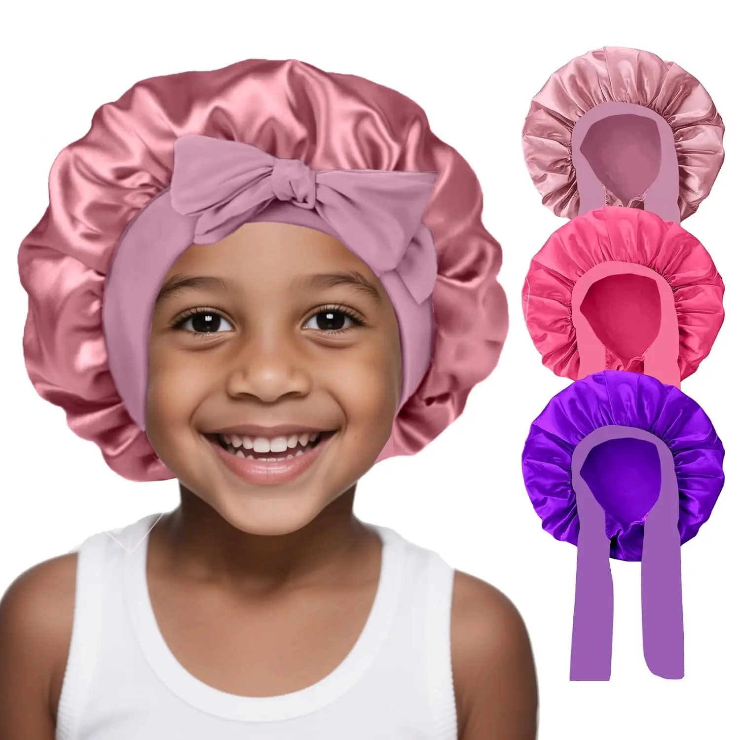 3 count  Silk Bonnet for Sleeping-  Satin Hair Bonnet for Curly Hair Girls Boys with Wide Elastic Band,Sleeping Cap for Teens  (Rose +Hotpink+Purple)