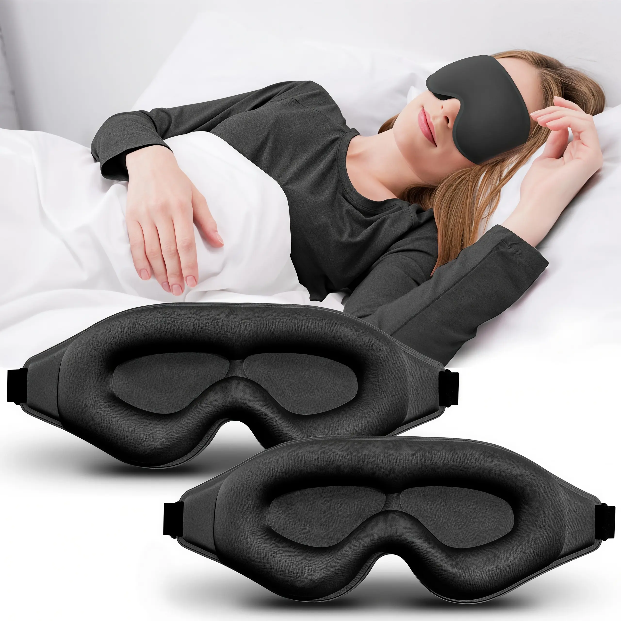 LMMAKE 2PCS Professional 3D Contoured Sleep Masks - Soft Fabric, Full Light Blocking, Eye Pressure Relief for Side Sleepers, Ideal for Night Shifts, Long Flights