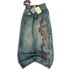 American New Pattern Embroidery Blacks Baggy Jean Boys Men High Street Vintage Hip Hop Fashion Casual Joker Couple Wide-leg