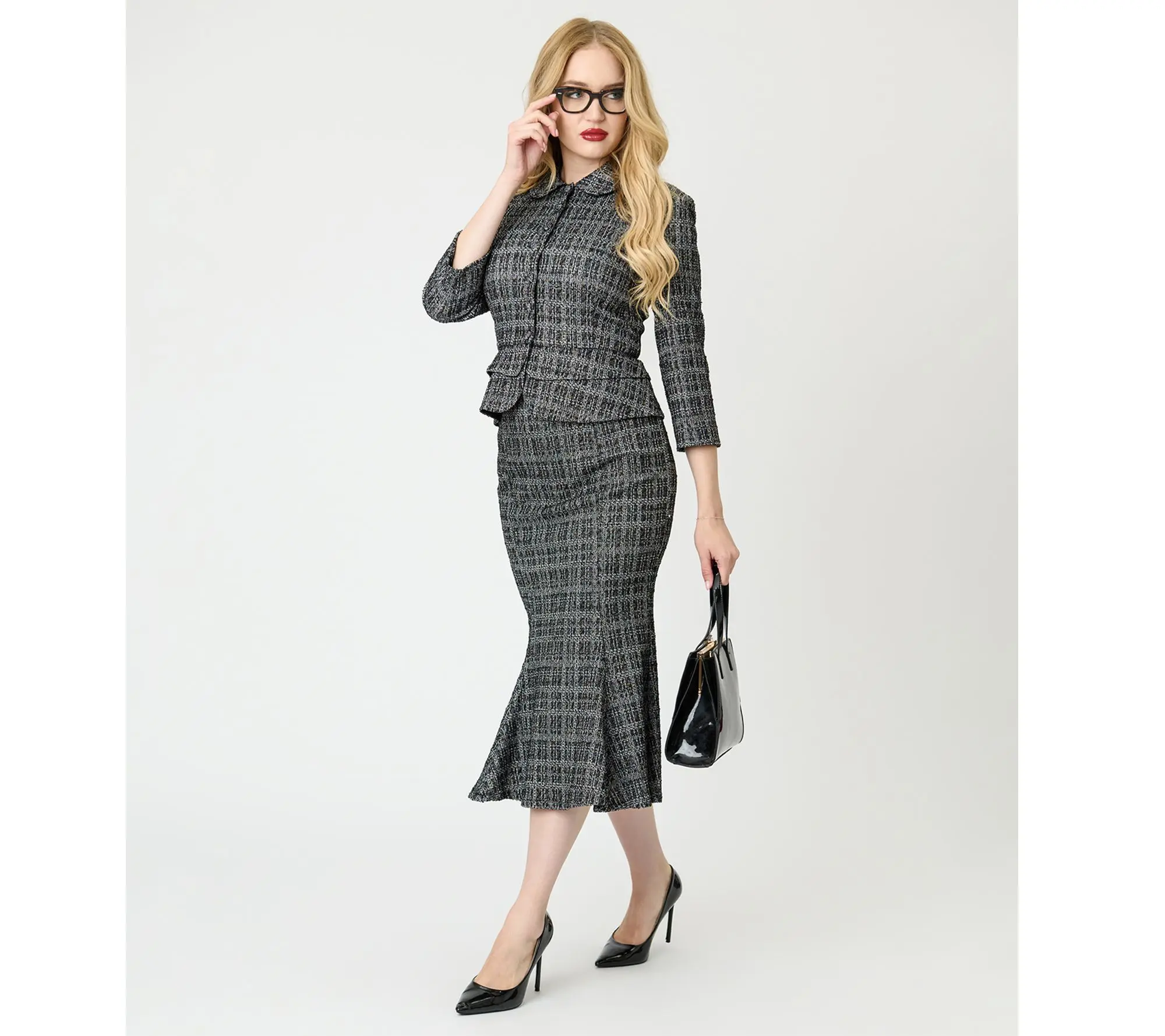 Unique Vintage Black & White Plaid Boucle Trumpet Skirt