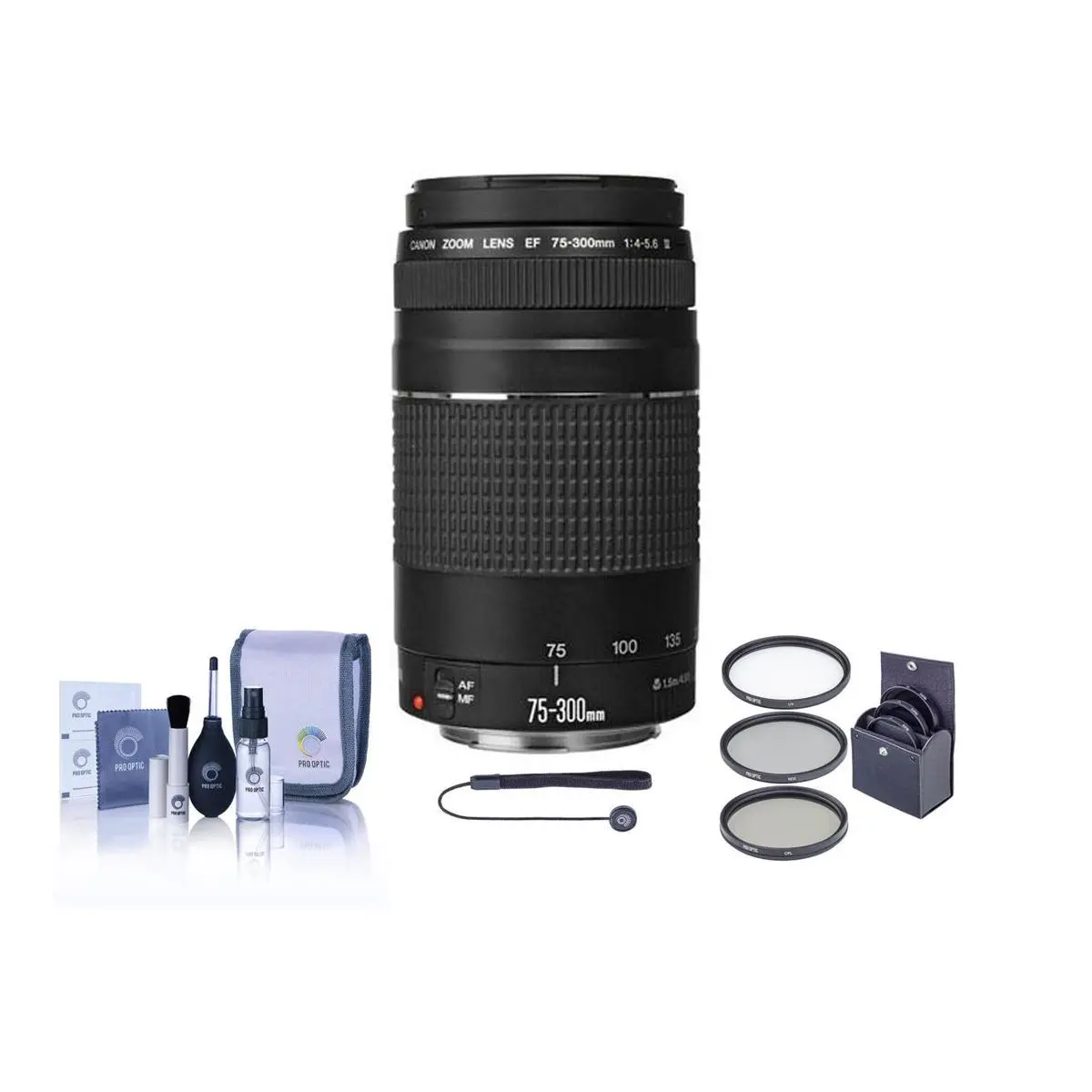 Canon EF 75-300mm f/4-5.6 III Zoom Camera Lens for DSLR & Compact Cameras, Bundle with ProOptic 58mm MC UV Filter, Lens Cap Tether, Professional Cleaning Kit for Photographers