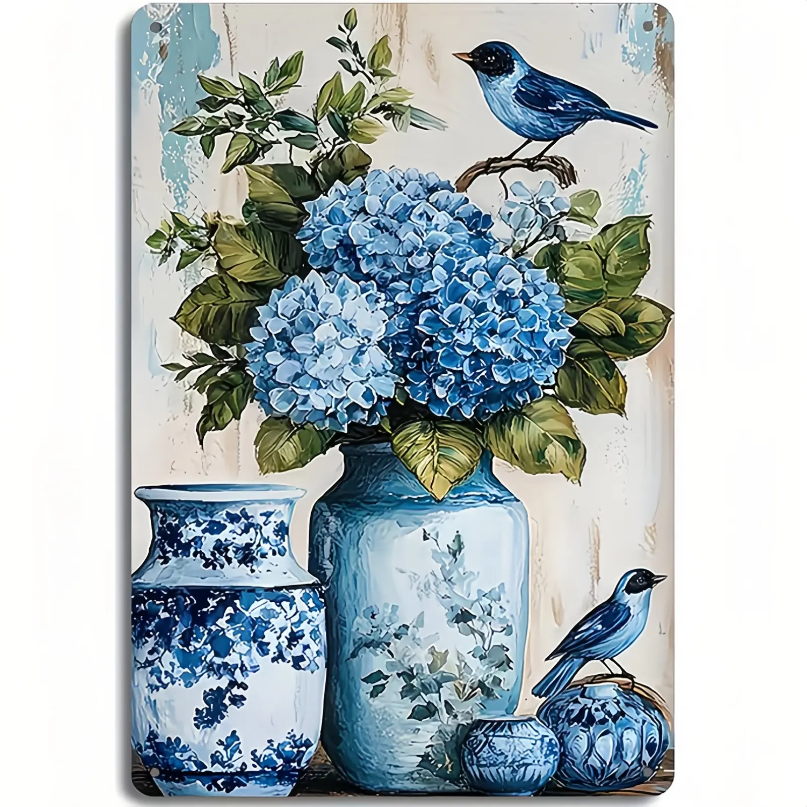 8x12 in Waterproof Hanging Metal Tin Sign - Vintage Blue Hydrangea Chinoiserie Vase Blue Bird Artwork, Distressed White Wash Shabby Chic Floral Jar Oil Painting Decorative Wall Art, Farmhouse Home Decor Gift, Flowers