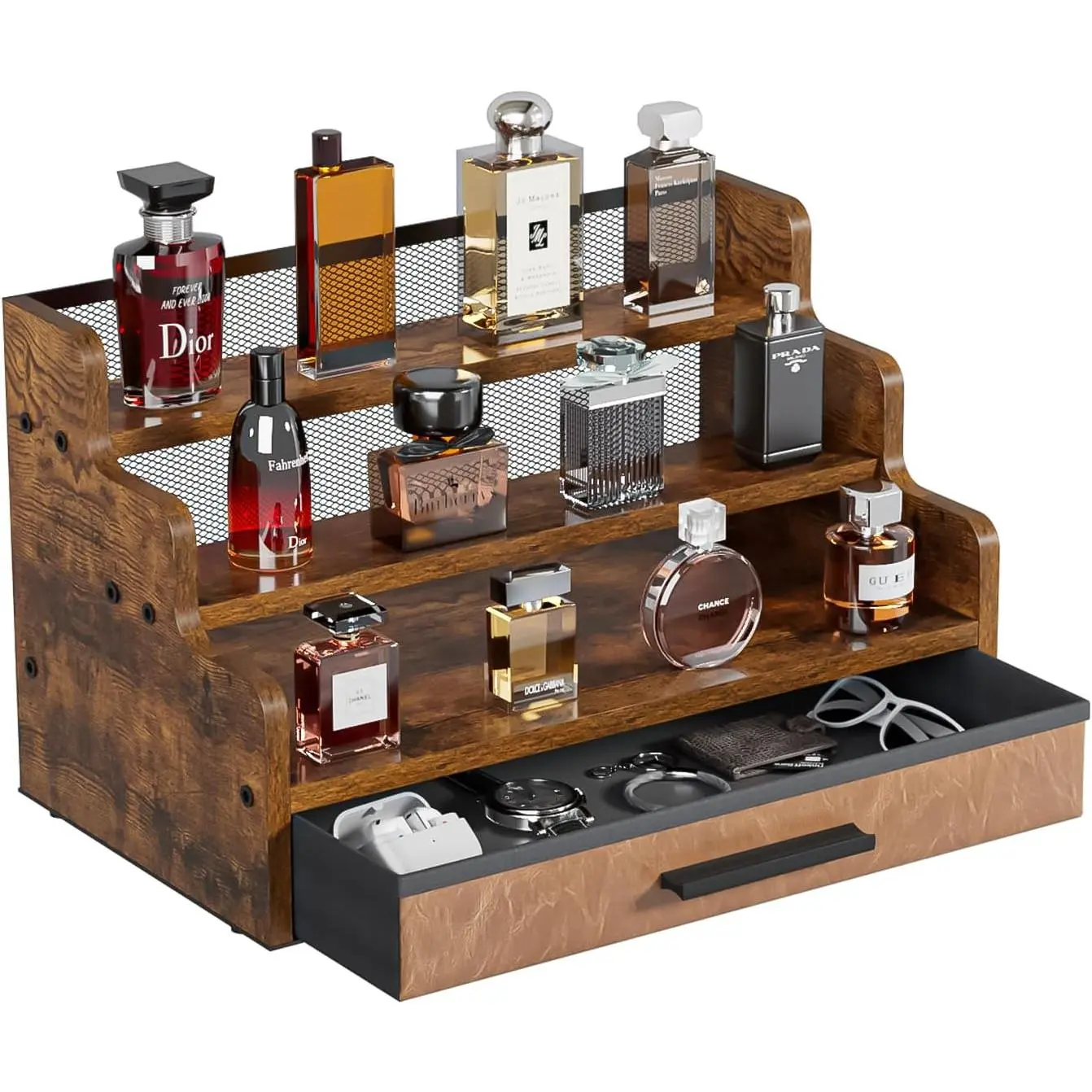 Rustic Brown 3-Tier Wooden Perfume Organizer with Drawer - Smooth, Waterproof Home Supplies Cologne Stand Display for Glass Bottles Stay, Skincare, Makeup