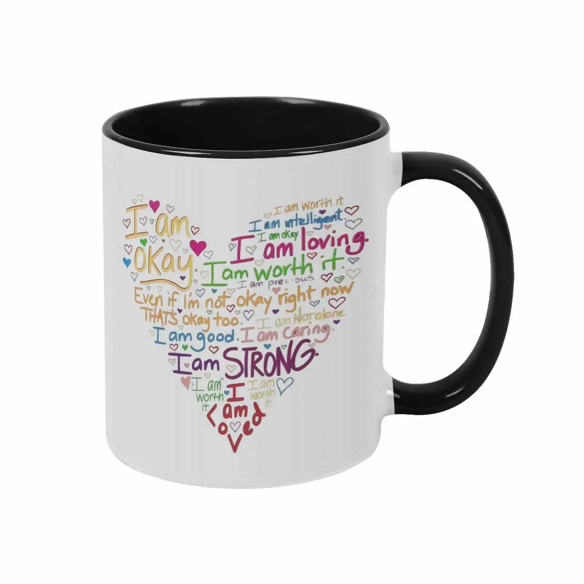 Positive Affirmation Heart Ceramic Mug (11oz-15oz) - Printed Inspirational Quote, Colorful Self-Love Design, Heat Resistant, Durable, Washable, Reuse-Friendly, Modern Kitchenware for Office Home Use, Halloween Gift for Teachers Coaches