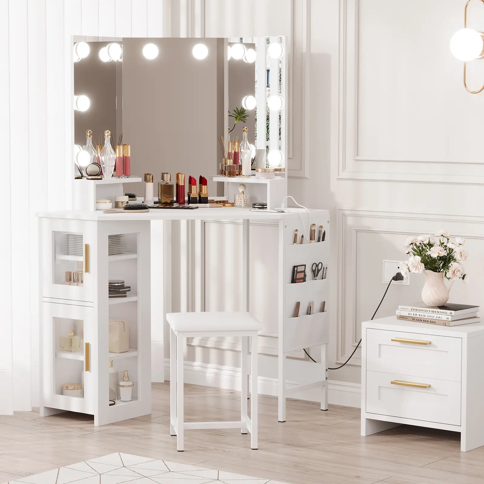 Garvee Corner Shape Makeup Vanity Desk with LED Mirror - Storage Organization, Charging Station, Stool, Acrylic Door Cabinets, Hanging Bag - Modern Indoor Bedroom Dressing Table (White or Brown)