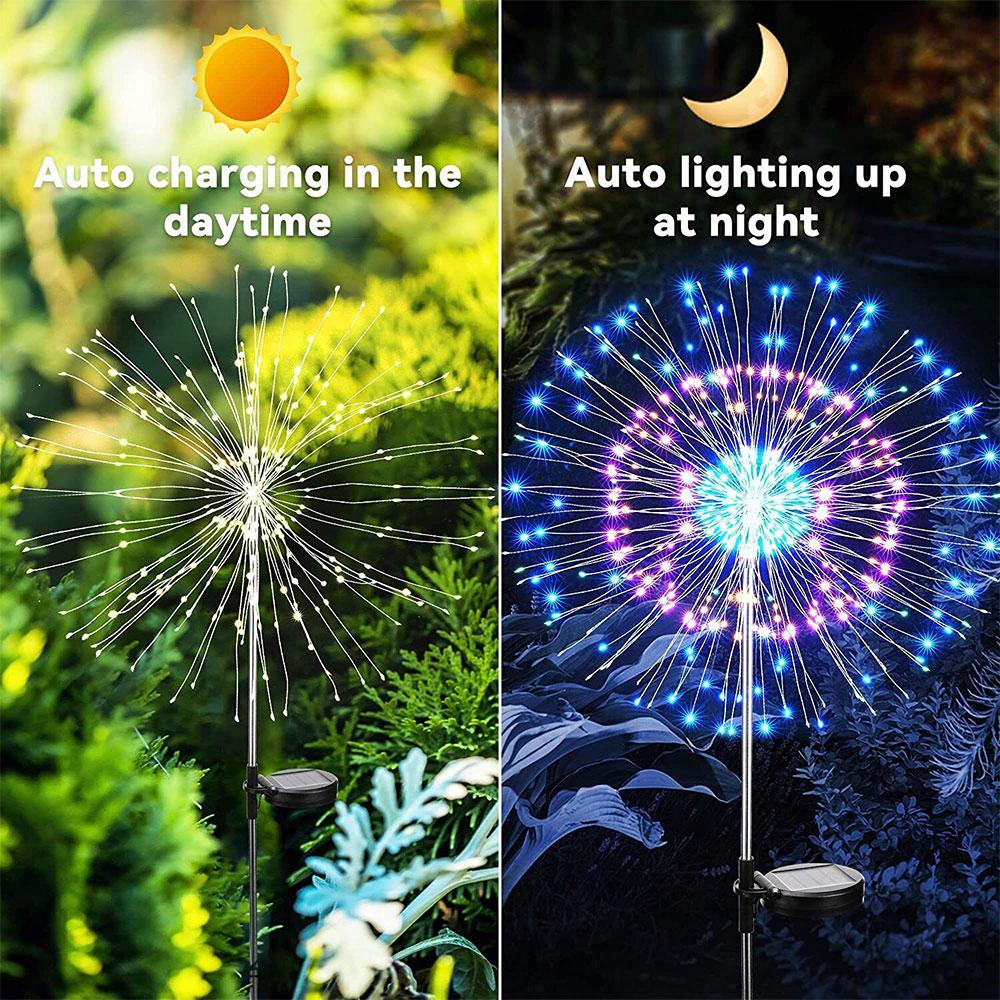 2 PCS Solar Firework String Lights, Outdoor 120-LED 40 Copper Wires Solar-Powered DIY Garden Decorative Lights for Walkway, Christmas Parties, Backyard Home Improvement Decor (Colorful)