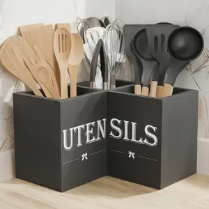 Black Extra Large Kitchen Utensil Holder with 3 Compartments, Wooden Countertop Organizer for Spatulas, Whisks and Spoons, Farmhouse Decor