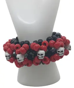 3d Kandi Bracelet Mini Cuff Red Pony Beads with Skull beads All Around -Made-to-Order