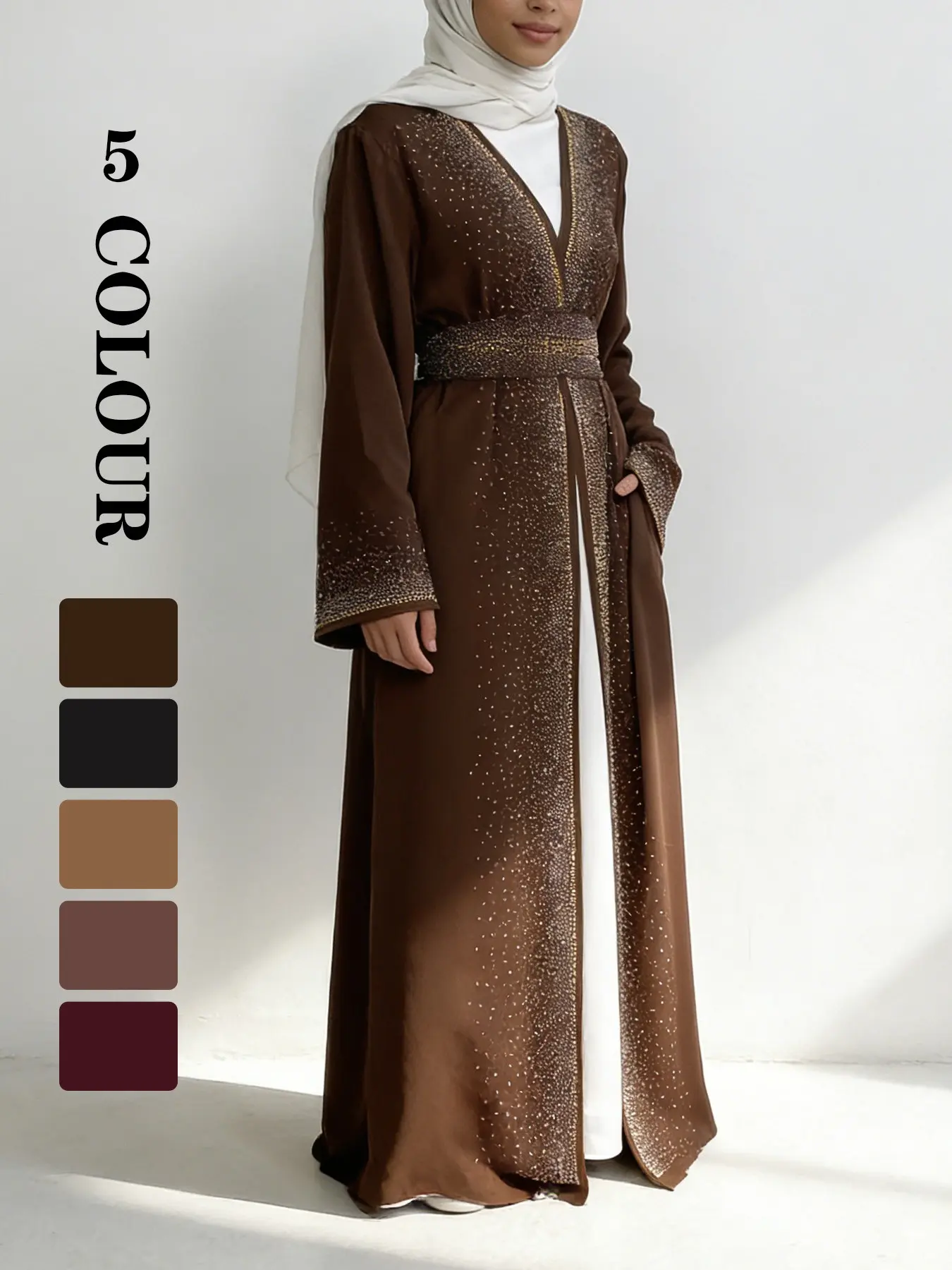 Muslim EID Dress Women Islamic Clothing Diamond Decorated Abaya, Waist Cinched Lightweight Belt, Luxurious Sparkling Style, Casual Elegant Modest, Perfect Gift, Belted Abaya Dress
