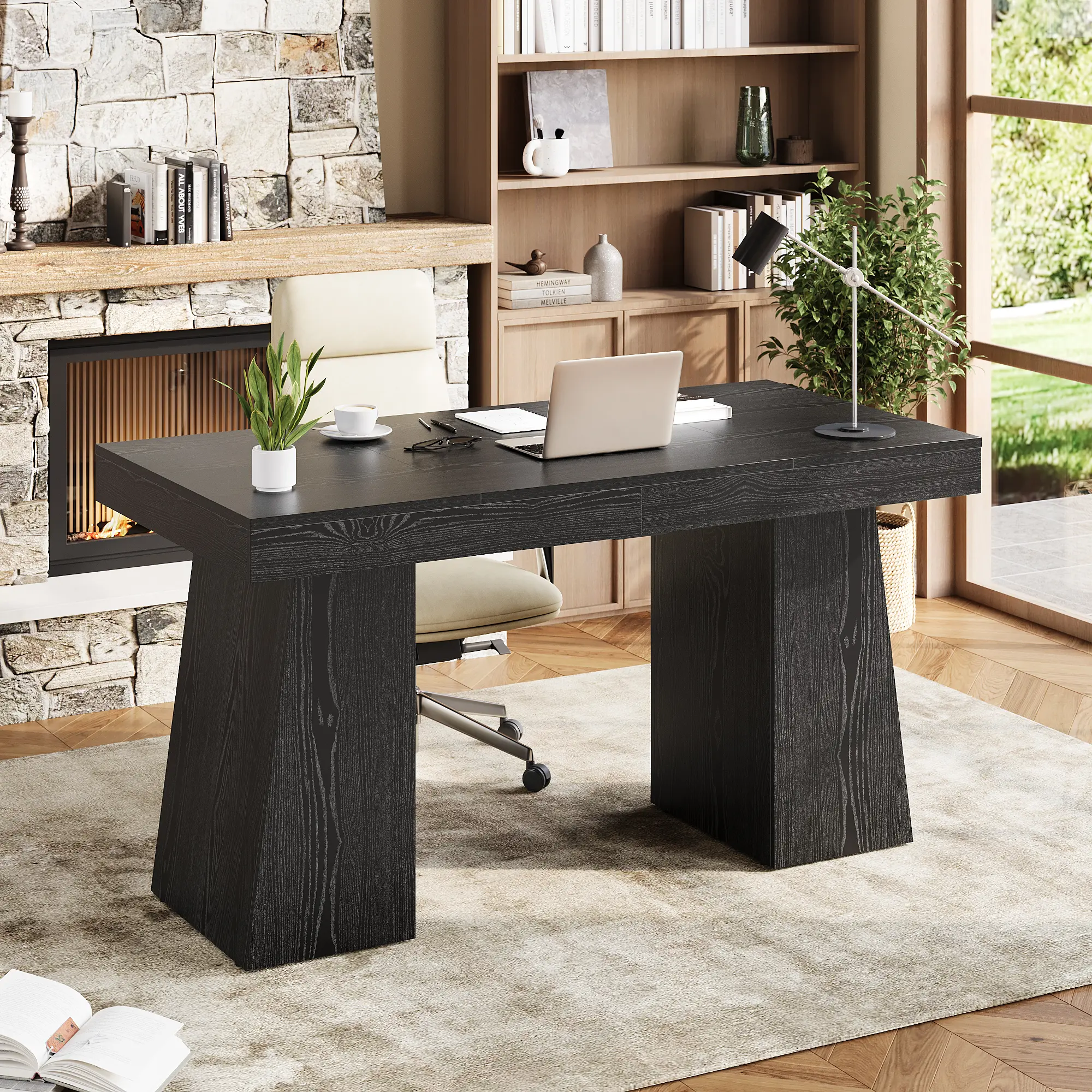 Garvee Modern Home Office Computer Desk, 55 x 27.5 in Writing Study Table - Drawers & Storage Shelves - Sturdy Workstation for Gaming, Black