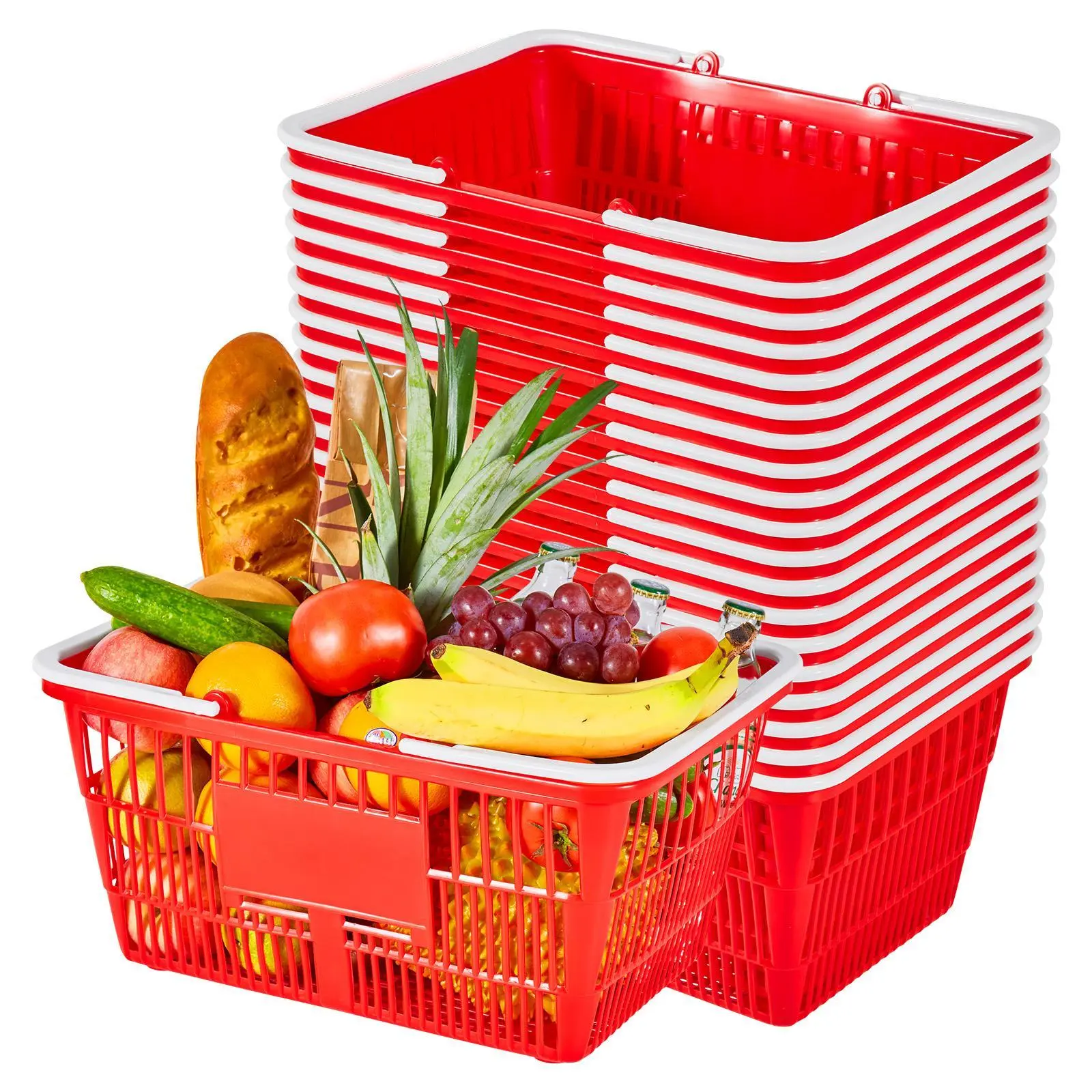 【SummerFinds】VEVOR 20-Pcs Stackable Dual-Set PE Plastic Shopping Baskets Organiser, 21L Dense Mesh with Handles, 20 lbs Capacity Heavy-Duty Bins, for Grocery, Retail, Bookstores, Convenience Stores, Avoids Sagging, Retail Use