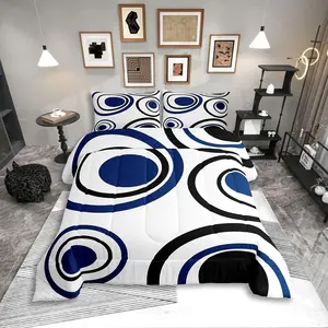White Blue Black Striped Bedding Set,for Adult Women Men Modern Circle Abstract Comforter Set,Contemporary Graffiti Lines Quilt Duvet Set,Minimalists Aesthetic Boho Bed Collections