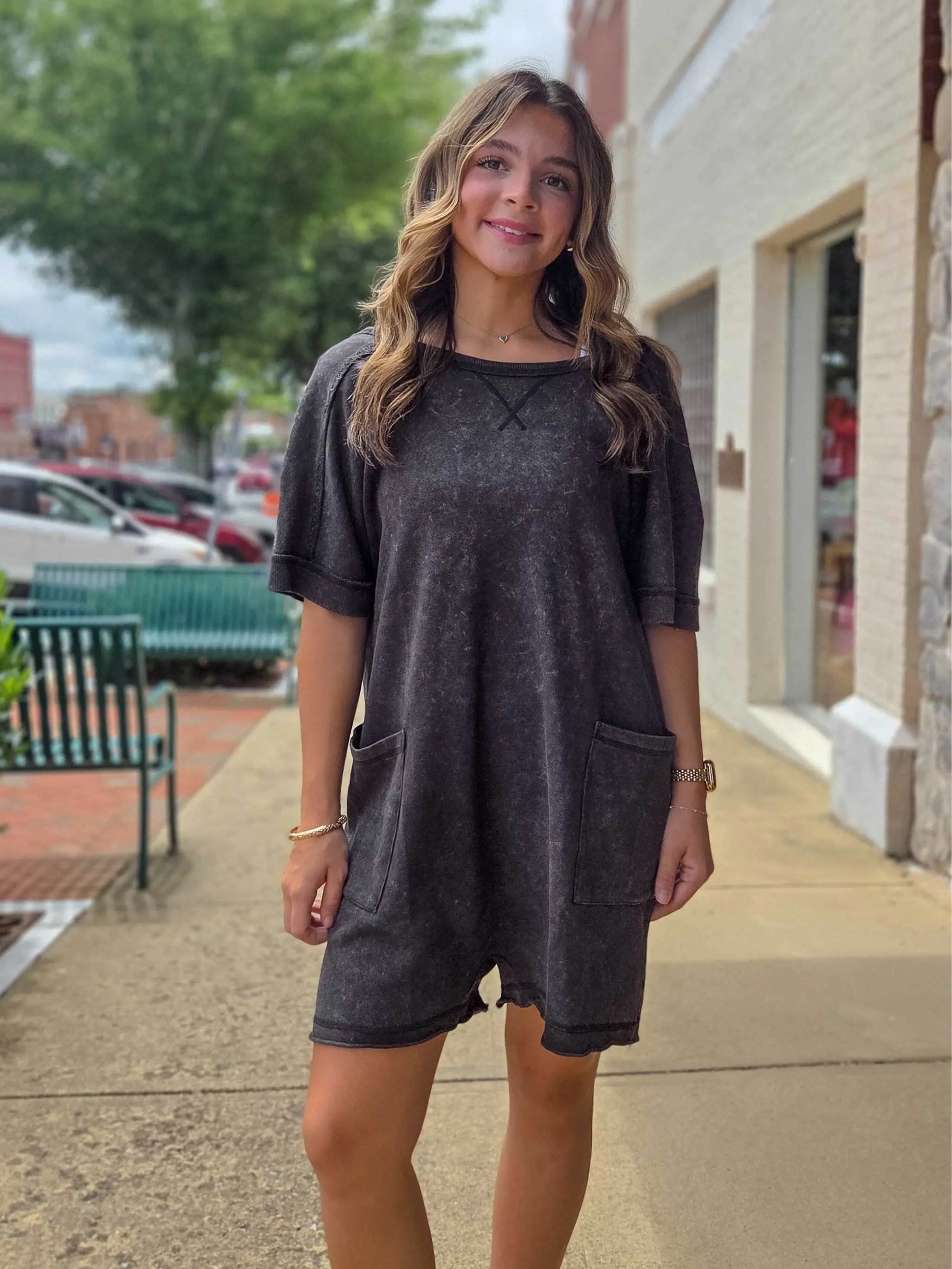 Mineral Washed Knit Casual Romper with Pockets