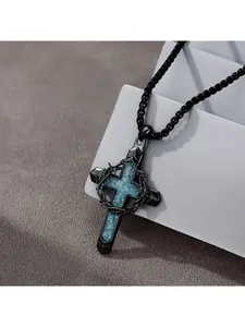 Single Piece Turquoise Cross Pendant Necklace for Men, Thorny Wreath Decor Religious Cross Design, Spiritual Faith Jewelry, Ideal Christmas Birthday Gift for Men Women Unisex