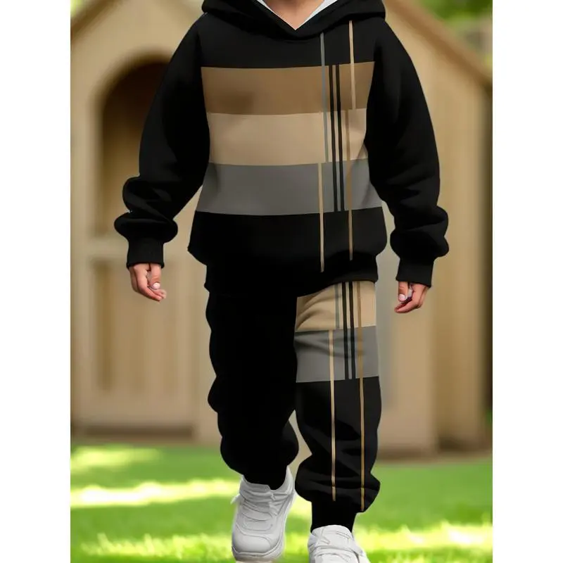 Boys' 2-Piece Casual Tracksuit, Color-Block Striped Long Sleeve Hoodie and Straight Pants Set in a Polyester Elastane Blend for Spring & Autumn, Sweatsuit Set Outfit, Casual Wear, Polyester Blend, Regular Cut, Tracksuit Set