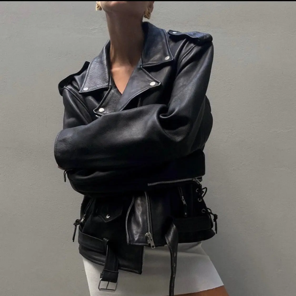 Women Oversized Black Leather Biker Jacket Women Drop shoulder Bomber Jacket Tops Long Sleeve Baggy Girls Jacket Womenswear Coats