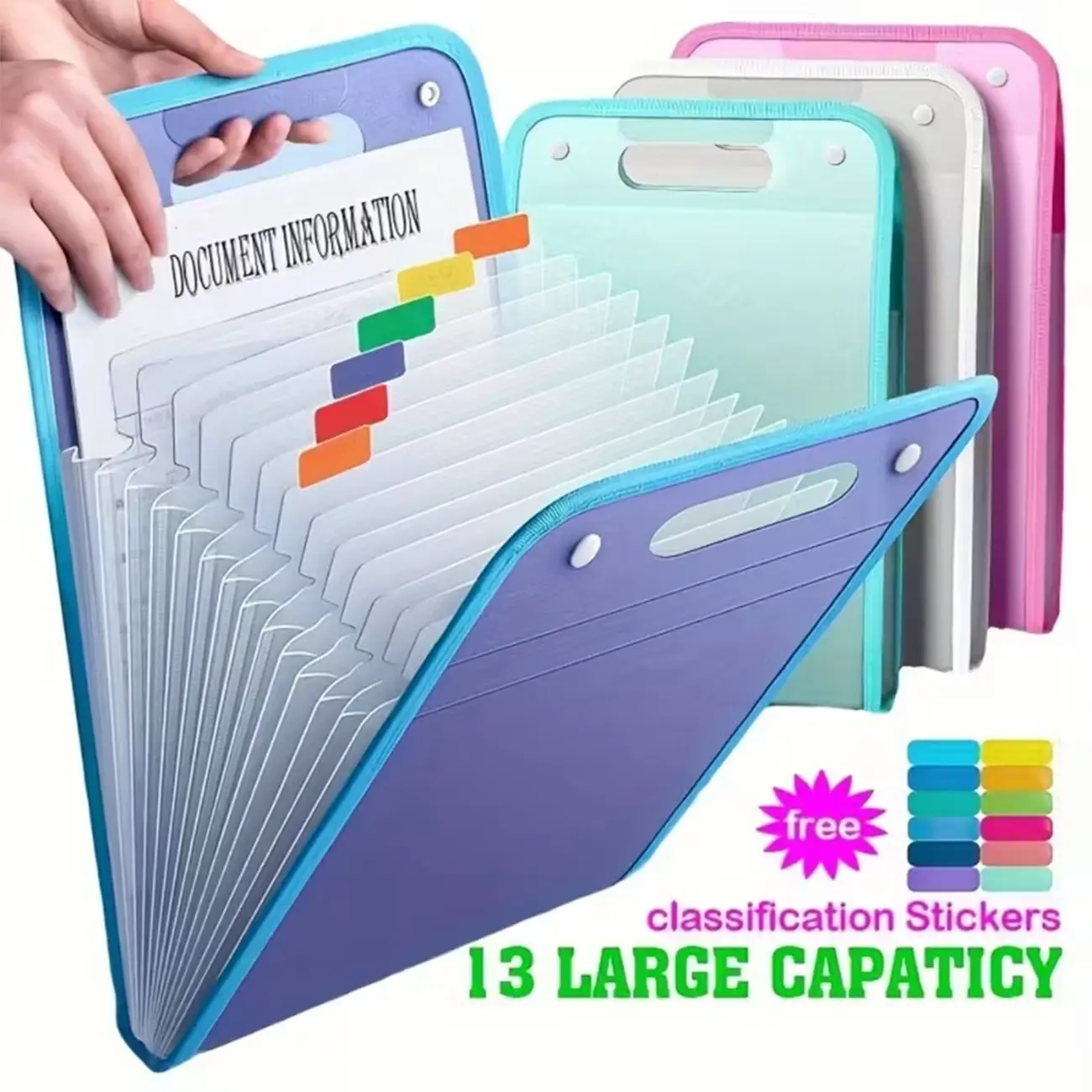 Thickened A4-sized expandable folder with 13 expandable compartments - multi-pocket file organizer, Office Supplies, suitable for schools, offices, universities - 13-layer folder, suitable for papers, test papers, receipts, bills Document Folder