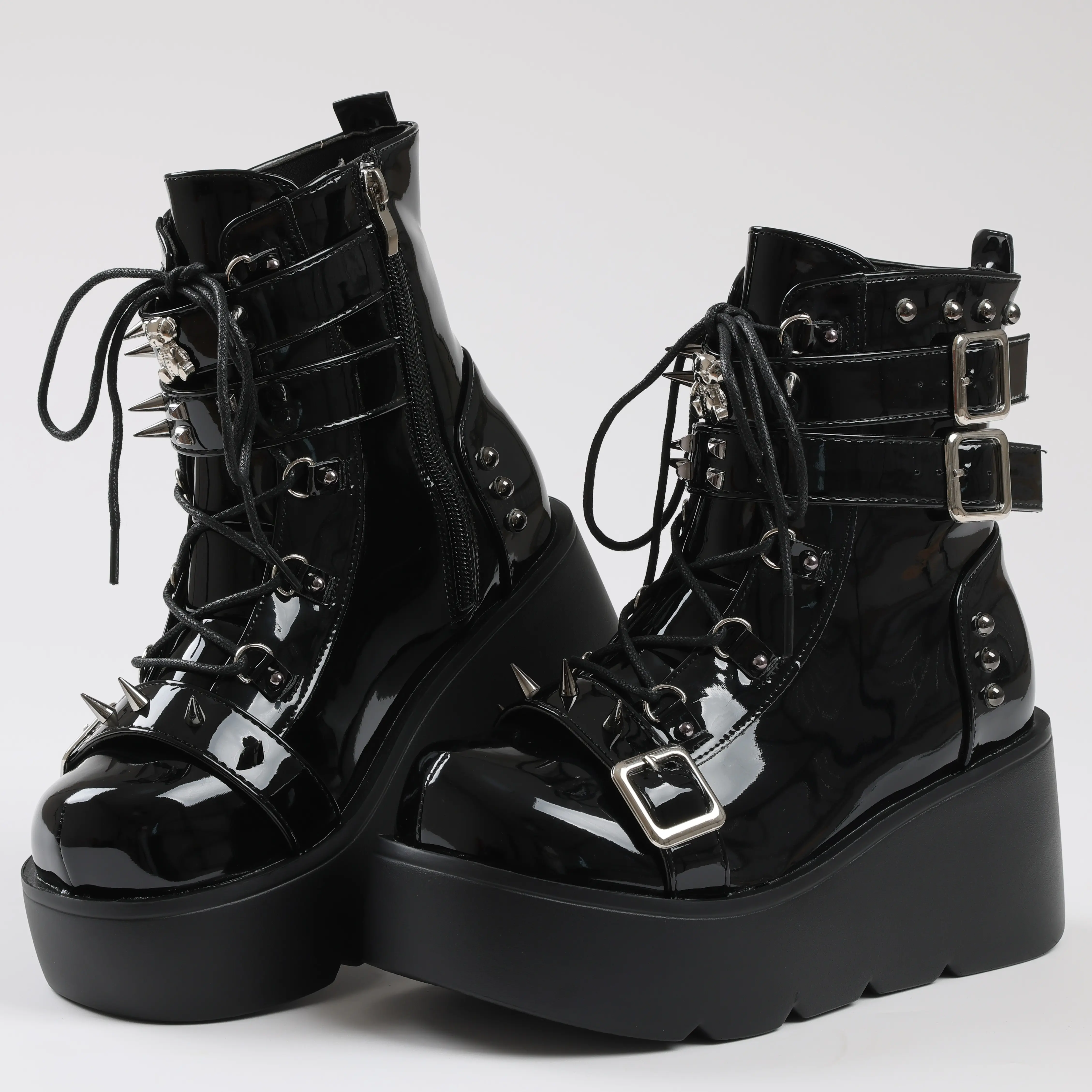 EROCALLI Women's Platform Gothic Ankle Booties With Adjust Studded Metal Buckle Fashion Y2k Zip Lace Up Wedge Thick Sole Punk Motorcycle Combat Short Boots