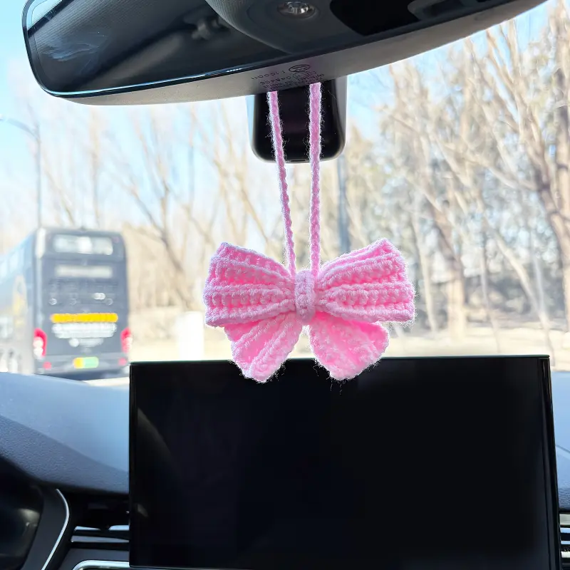 Women's Small Hand-Knitted Crocheted Corvette Cup Holder Charm, Cute Pink Bow Decorative Car Interior Accessory, Rear View Mirror Hanging Interior Decor