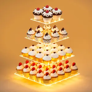 Acrylic 4 Tier Cupcake Stand with LED yellow Light, Premium Holder, Dessert Display Tree Design for Decor, Ornaments, Weddings, Parties & Events