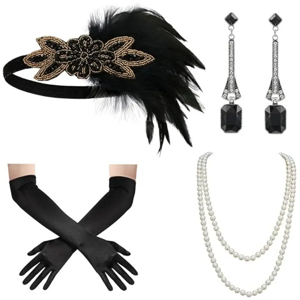 4 pack 1920s Flapper Set Headband Beaded Necklaces Earrings Gloves Great Gatsby Flapper Accessories for Vintage Wedding Costume