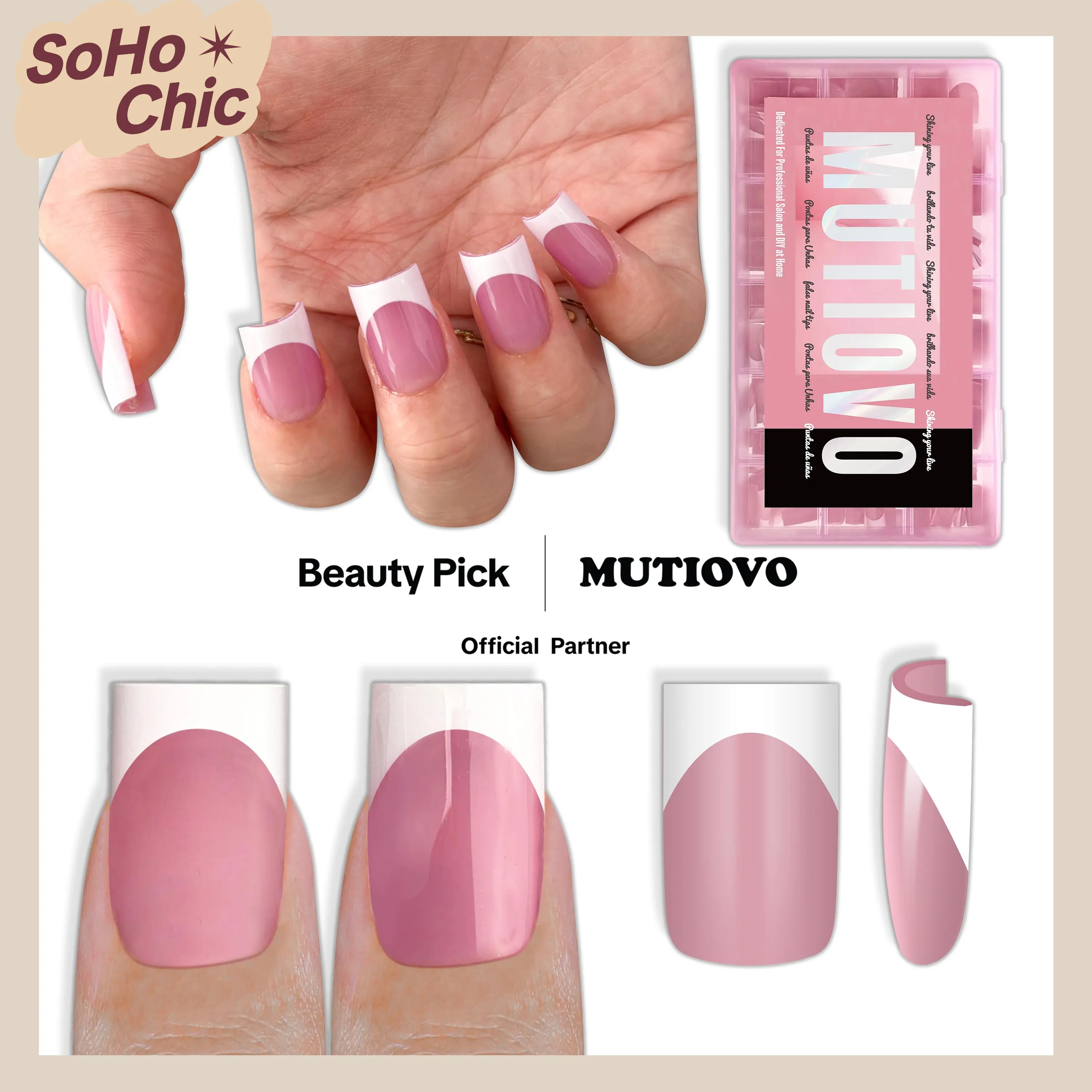 MUTIOVO White French Tip Short Straight Square Nail Tips Press on, BERRY PINK Extra Thick NEED Soft Gel Nail Extension, Need Builder gel & Top,Coat Full Cover False Nails, for DIY x 15 Sizes 150 pcs
