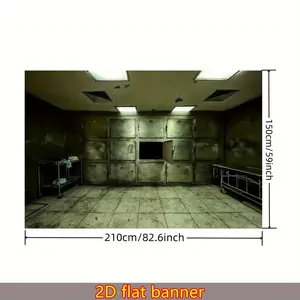 1pc 2D Flat Polyester Backdrop Banner Prop - Spooky Hospital Haunted House Old Abandoned Morgue Interior with Tattered Lockers, Bloodstains - Halloween Party Decoration, Birthday Party Supply, Home Photoshoot Backdrop