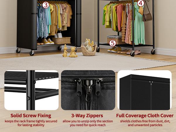 Black Iron Frame Wardrobe Rack with Cover - 35.4"x17.7"x79.7", Heavy Duty, Rust-Resistant, Open Front, Lockable Wheels, Bedroom Use, Home Organizer Storage Closet