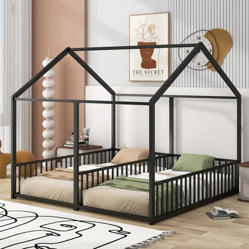 [Bellemave]Metal Twin Size House Platform Beds, Two Shared Beds, Black/White