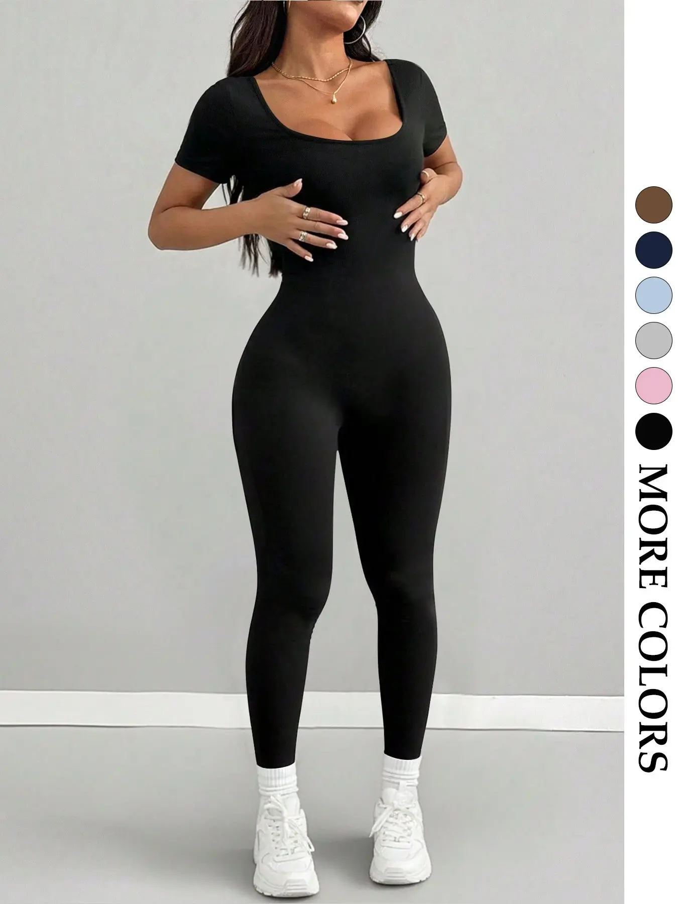 Women High Stretch U-Back Short Sleeve Workout Jumpsuit, Stretchy Jumpsuit, Sports Jumpsuit, Fit Jumpsuits, Waist Cinching Butt Lifting Tight Fit Shaping, Basic Versatile Fitness Daily Wear