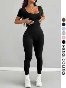 Women High Stretch U-Back Short Sleeve Workout Jumpsuit, Waist Cinching Butt Lifting Tight Fit Shaping, Basic Versatile Fitness Daily Wear