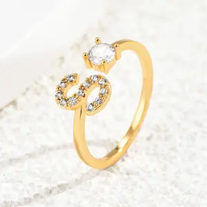 GGIRL Charm Jewellery Adjutable 14K Gold Plated 26 Character Inlaid Artificial Zircon Initial Letter Rings for Women Dainty Versatile Party Ring Ideal Daily/Valentine's Day Gift