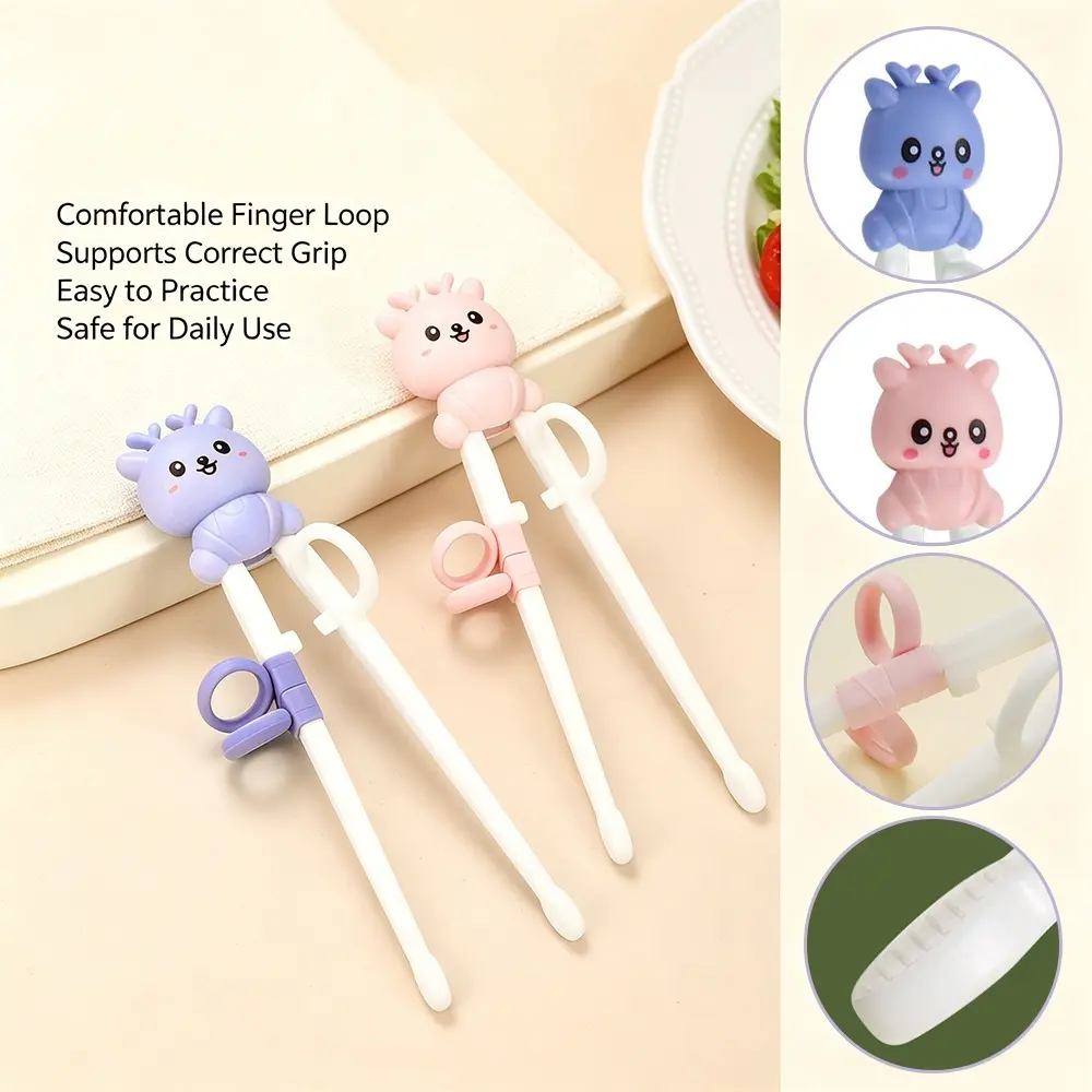 2pcs Children's Training Chopsticks, Cute deer Design with Anti - Slip Helper, Learning Chopsticks for Beginners, Portable Tableware for Home/Travel/School, Easy Grip Practice