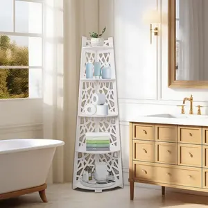 Adjustable 5-Tier Waterproof Storage Shelves Durable Rustproof Wood Plastic Board Multi-Functional Corner Shower Caddy Standing Bathroom Organizer