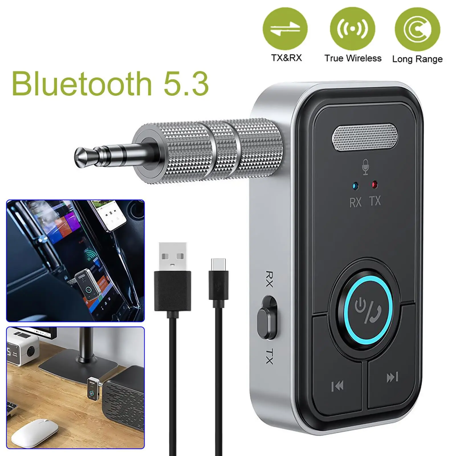 Premium Blutooth 5.3 Audio Transmitter Receiver - Wireless Device with AptX Low Latency, Compact Design for TV Headphones, Home Stereo