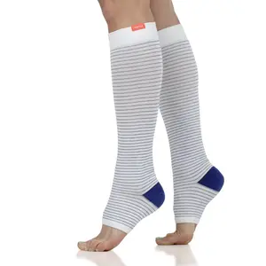 VIM & VIGR Pinstripe Open Toe Knee-High Compression Socks (Cotton) 20–30 mmHg Graduated Support, Breathable Comfort for Work, Travel & All-Day Wear