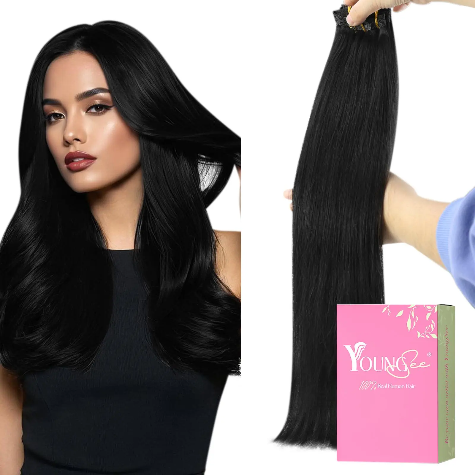 YoungSee YoungSee 7Pcs Clip-in Real Remy Human Hair Extensions, Silky Straight Hair Pieces for Women, 12–28 Inches 80–220g Easy Application
