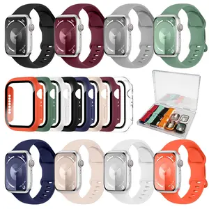 8 Pcs Silicone Bands + 8 Pcs PC Tempered Glass Case Set for Apple Watch s11/s10/s9/s8/s7/s6/s5/s4, Durable Waterproof Sweat-Resistant, Comfortable Fit, Anti-Shock Scratch-Proof(Watch not included) Smart Watch Straps, Protection, Smartwatch Accessories