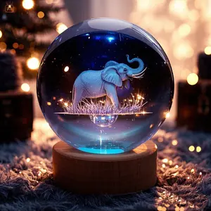 3D Elephant Crystal Ball Night Light with Wooden Base 3.15" K9 Crystal Figurine Lamp Colors 4 Modes USB Powered Valentine's day Desk Decor Gift for Women Kids Friends Adults