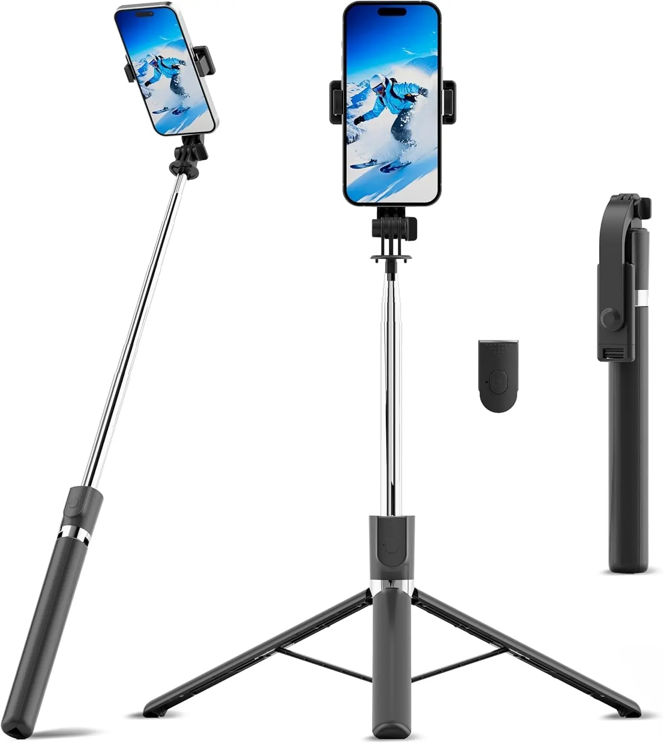 67" Extendable Selfie Stick Tripod with Wireless Remote, 360° Rotating Portable All-in-1 Travel Stand, Built-in Phone Grip Camera Support Extendable Tripod Selfie Accessories, Streaming Equipment Filming Setup for iOS/Android Silver Black Vlogging Kit Cel