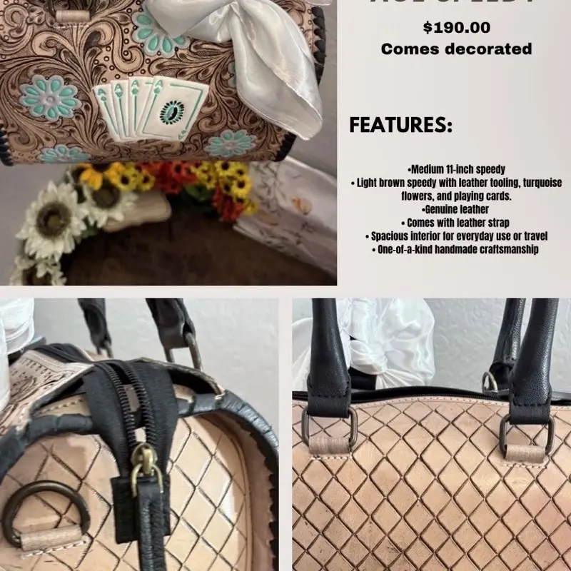 Med Handcrafted Floral Tooled Leather Handbag with Embroidered Playing Cards Design Durable Handle Speedy Medium Card Turquoise Flower