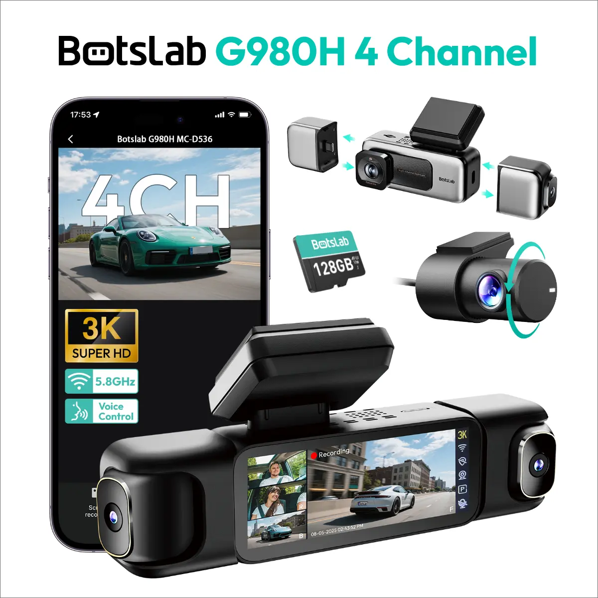 [summerfinds]Botslab 4 Channel 3K Dash Cam with 3.18" Touch Screen, Sentry Mode, 24/7 Parking, Built-in GPS, 5.8G WiFi, Night Vision, Voice Control, 128GB Card Included Hd Dash Camera Touchscreen Dash Cam