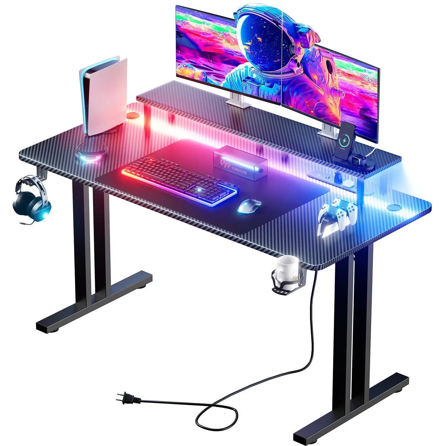 Ecofurnix,LED light game table & power socket, computer gaming desks & monitor stand, ergonomic carbon fiber game table, home office desk with cup holder, headphone hook and mouse pad, simple assembly summerwins