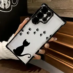 Cute Black Kitten Paw Print Phone Case Compatible with Samsung Galaxy S25 S24 S23 S22 S21 FE Ultra Plus 4G 5G, Transparent Soft Back Cover for Drop Protection. Protective Cellphone