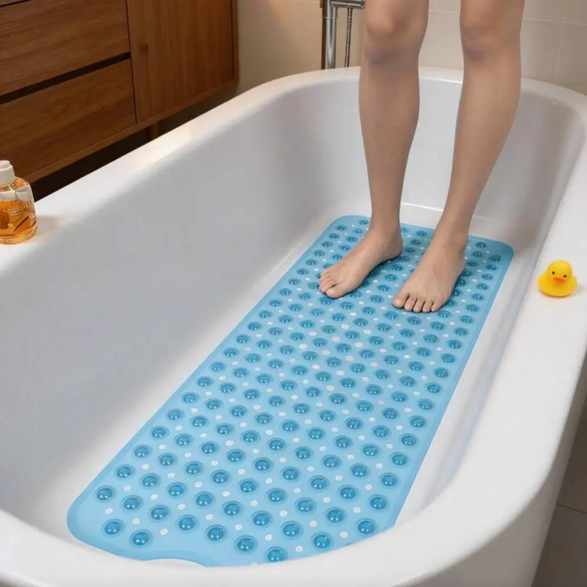 Shower Floor Mat 40x16 Inch,Non Slip Bath Mat With Firm Suction Cups,Extra Large Machine Washable Bathtub Rug,Drain Holes Keep Tub Clean,Waterproof Mold Resistant Rubber PVC Mat,Blue Black Transparent Light Gray,Home Essentials For All Ages Family
