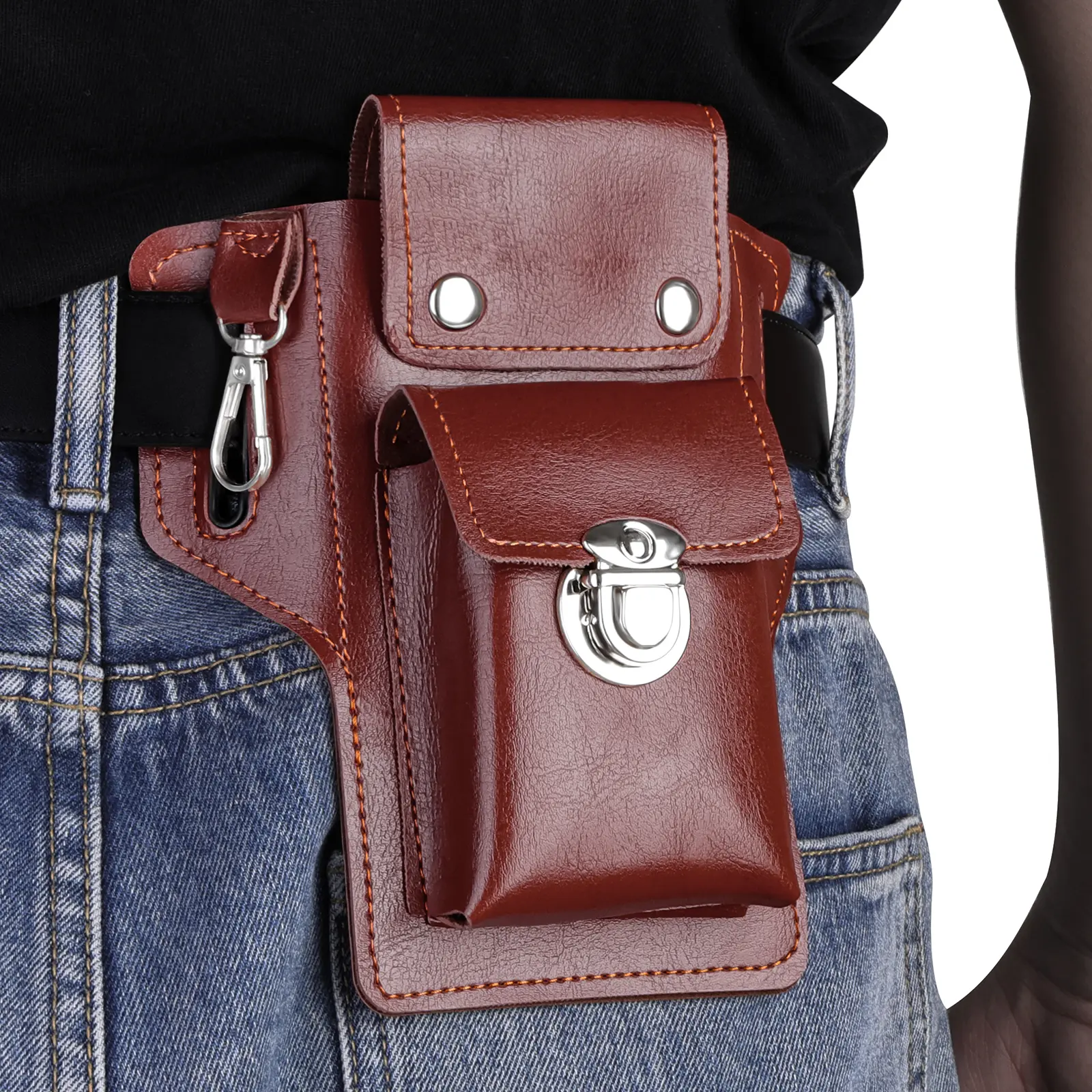 Holster for iPhone 17/16/15/14/13/12/Pro & Galaxy S26/S25/S24, Premium Leather Pouch with Keychain Clip, Multifunctional Belt Clip Phone Holster Belt Case Cellphone Holste