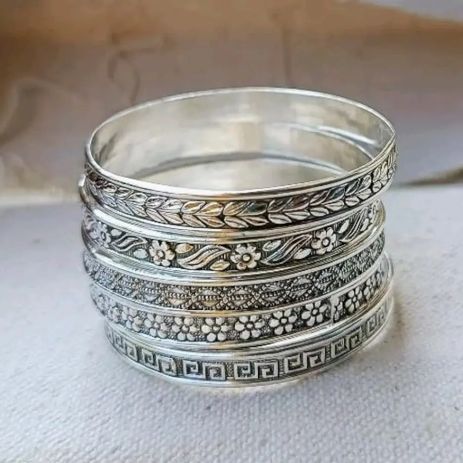 Set of 5 Bangles, Sterling Bangles, Stacking Bracelets, Semanario, 5 Day Bangles, Jewellery, Thick Sparkly Bangles, 925 Sterling Silver Thick West Indian Bangles, Sterling Silver Hammered Silver Bangle Open Circle Hinge Bangle Statement Bracelet Gift For