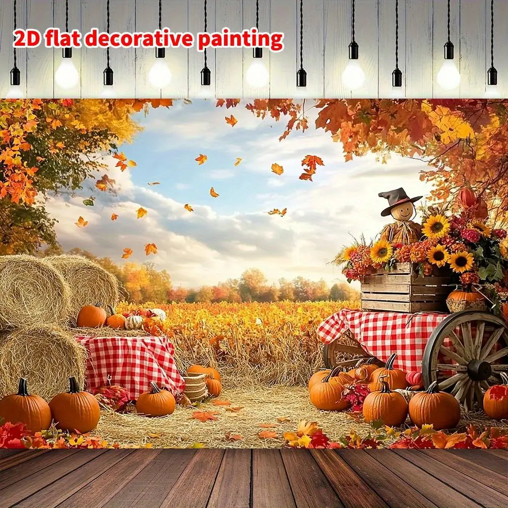 1pc Durable Polyester 2D Flat Autumn Thanksgiving Backdrop - Festive Decorative Painting with Pumpkin Harvest, Hay Bales, Sunflowers, Fall Design for Halloween, Birthday Party Home & Festive Supplies (No Electronic Banners/Ornaments)