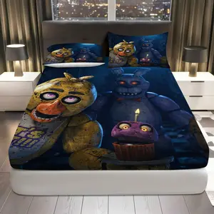 3Pcs Horror Dark Animatronic Fitted Sheet Three Piece Set (1*Fitted Sheet+2*Pillowcases, Coreless), Halloween theme, Scary Characters Bedding Set, Mattress protector Soft, Breathable