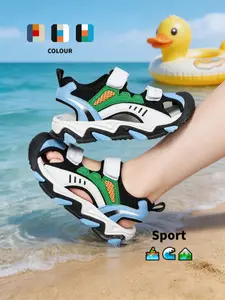 New Boys' Closed Toe Sandals, Dual Layer Velcro Sports Beach Shoes, Comfortable Breathable Hollow Out Design, Soft Sole Anti-Slip Wear-Resistant